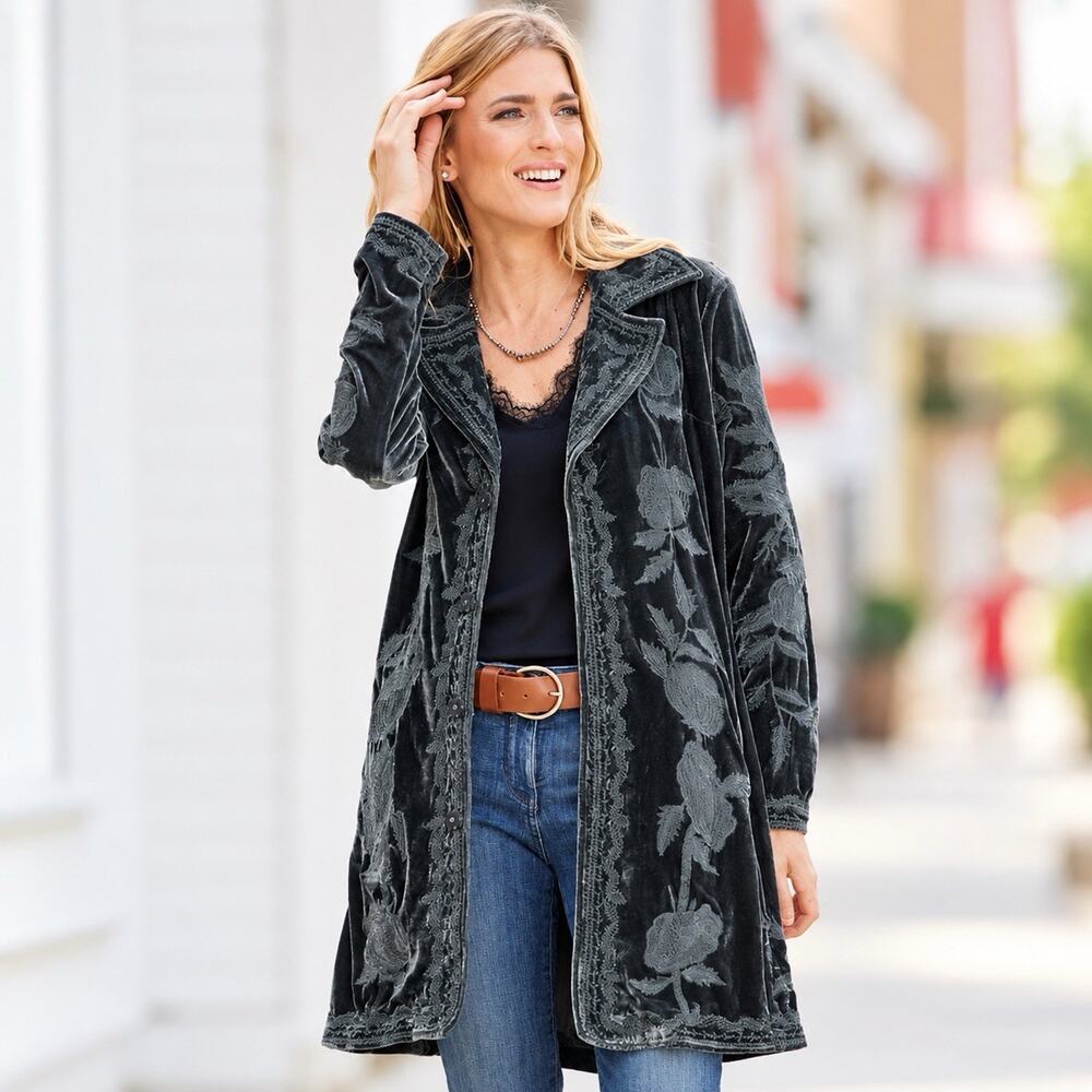 Time For Me Velvet Embroidered Floral Duster Jacket Women’s L Boho Art to Wear